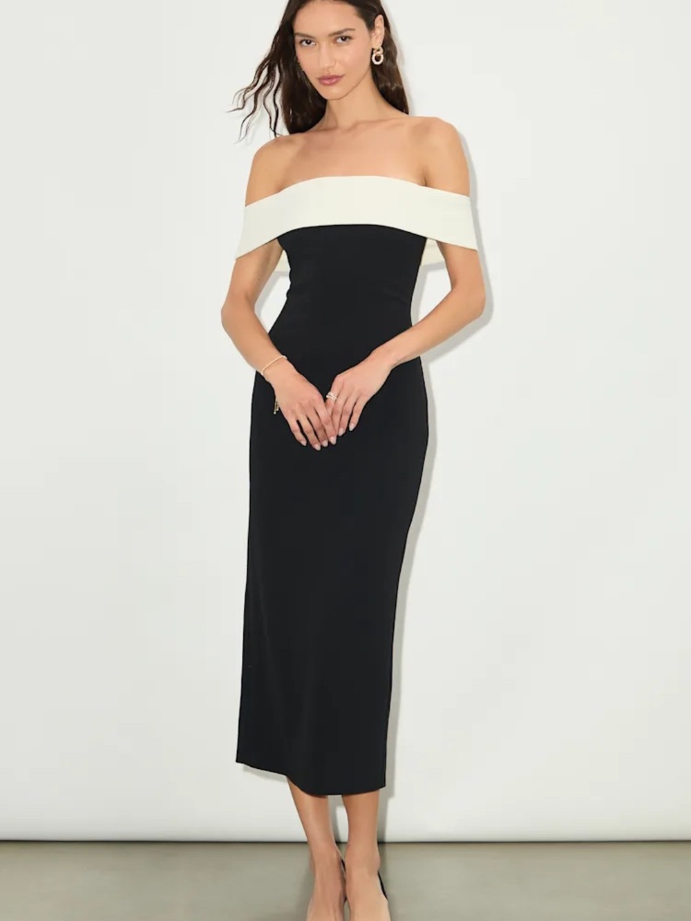 Lulu's Roselyn Black and White Off-the-Shoulder Midi Dress
